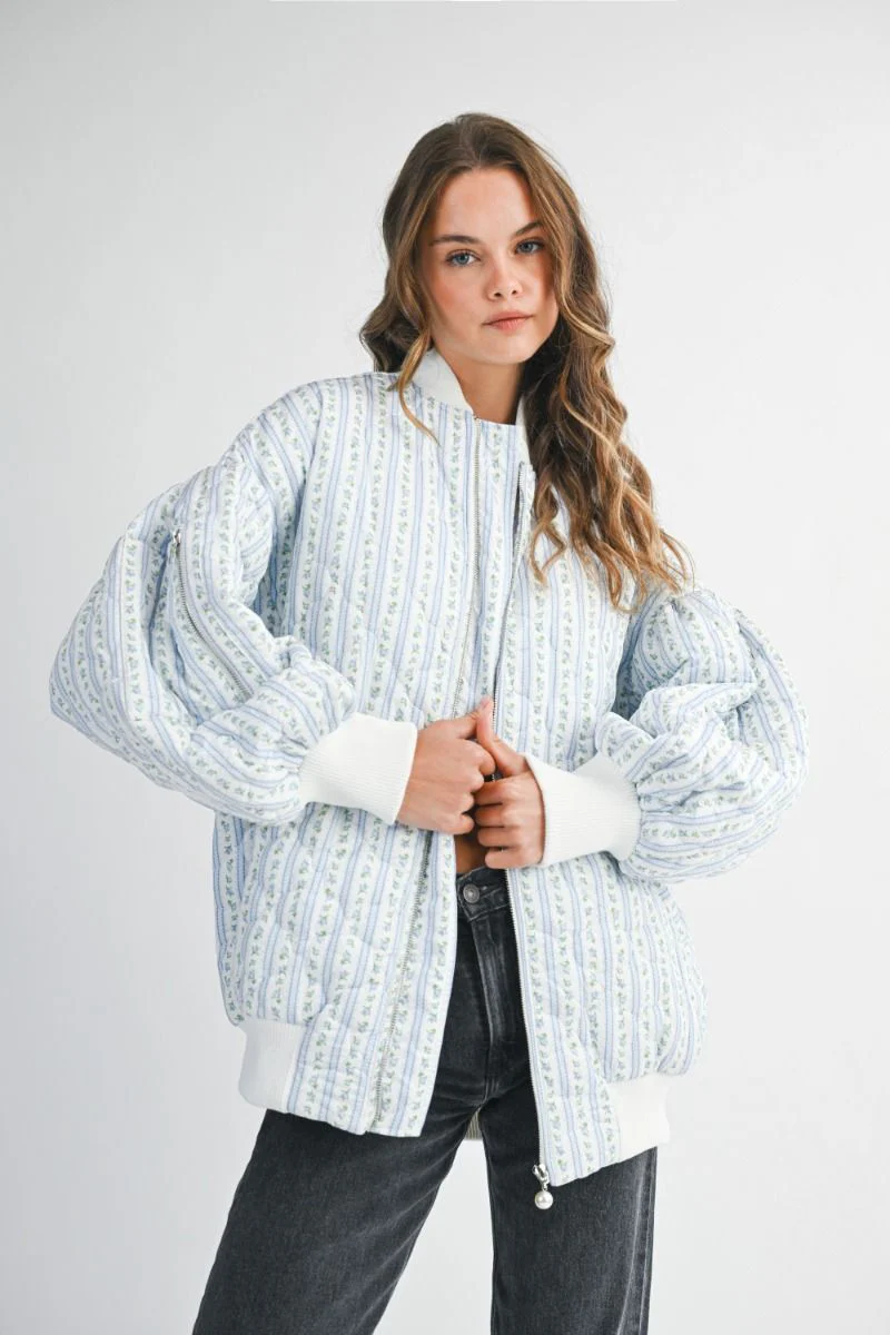 Floral Bomber Jacket - Blue - Image 2