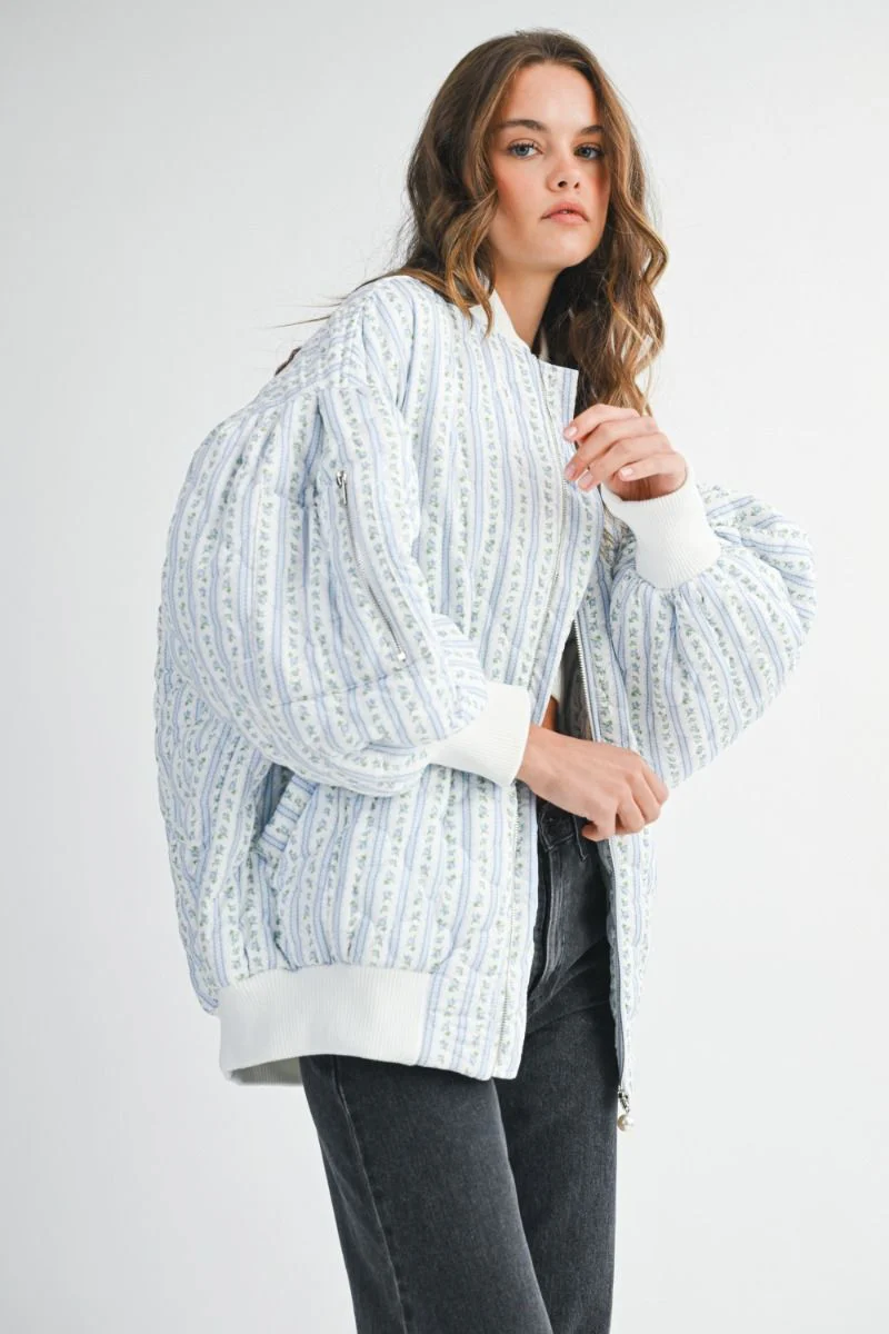 Floral Bomber Jacket - Blue - Image 3